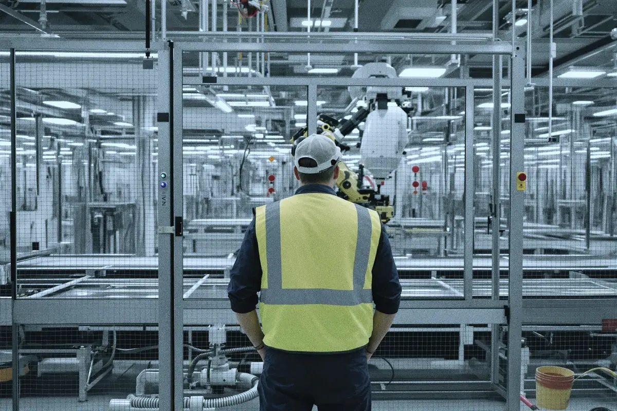 A technician monitoring a robotic arm and conveyor line in a factory