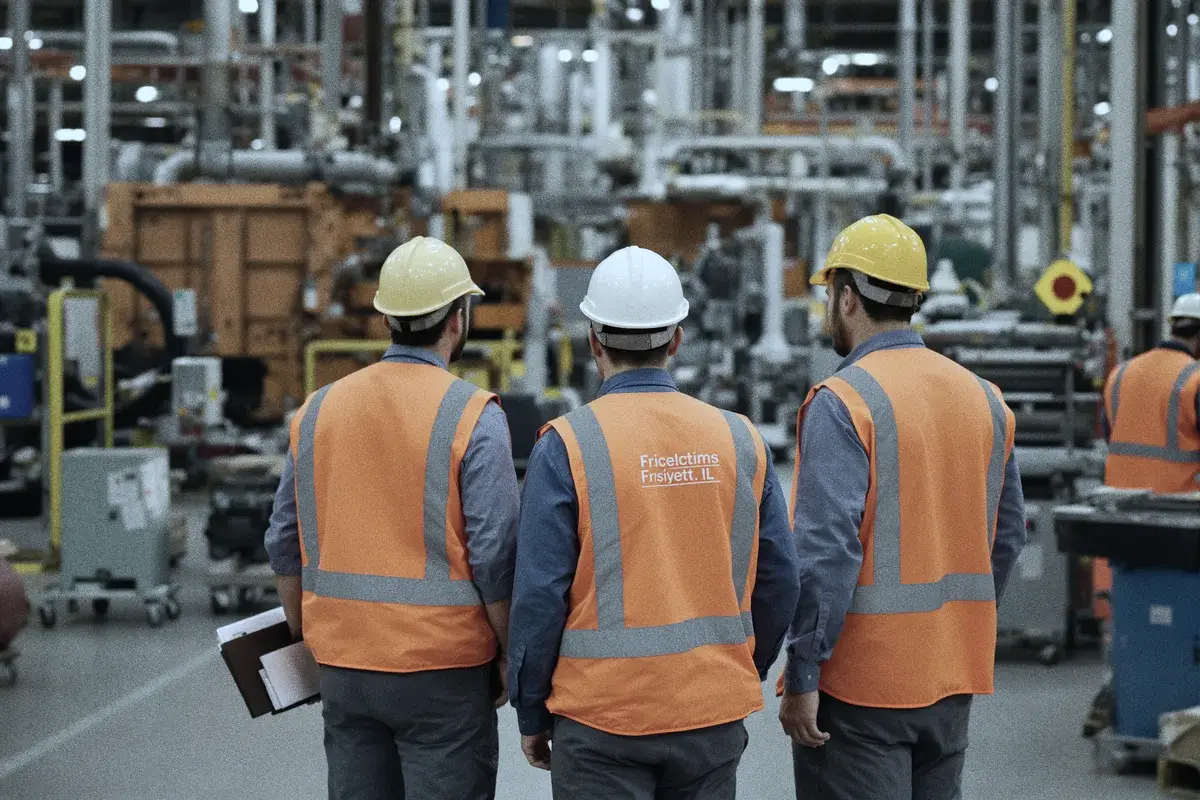Workers in hard hats and high-visibility vests on a factory floor
