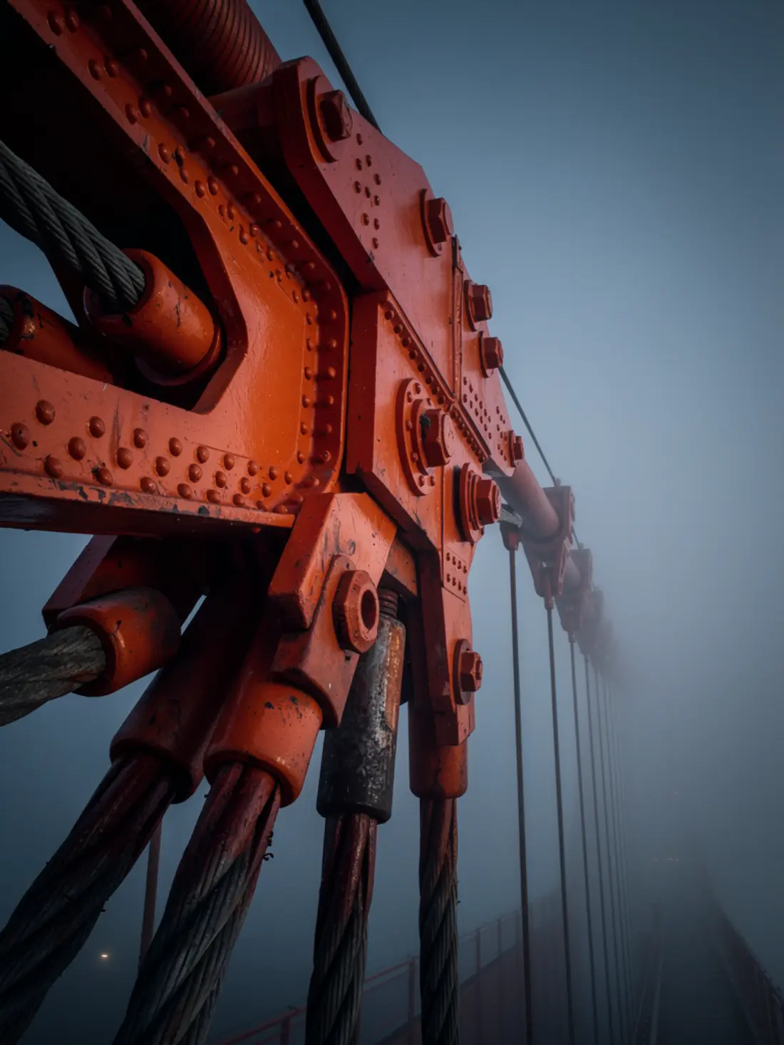 A suspension bridge cable anchorage in fog: riveted steel painted international orange