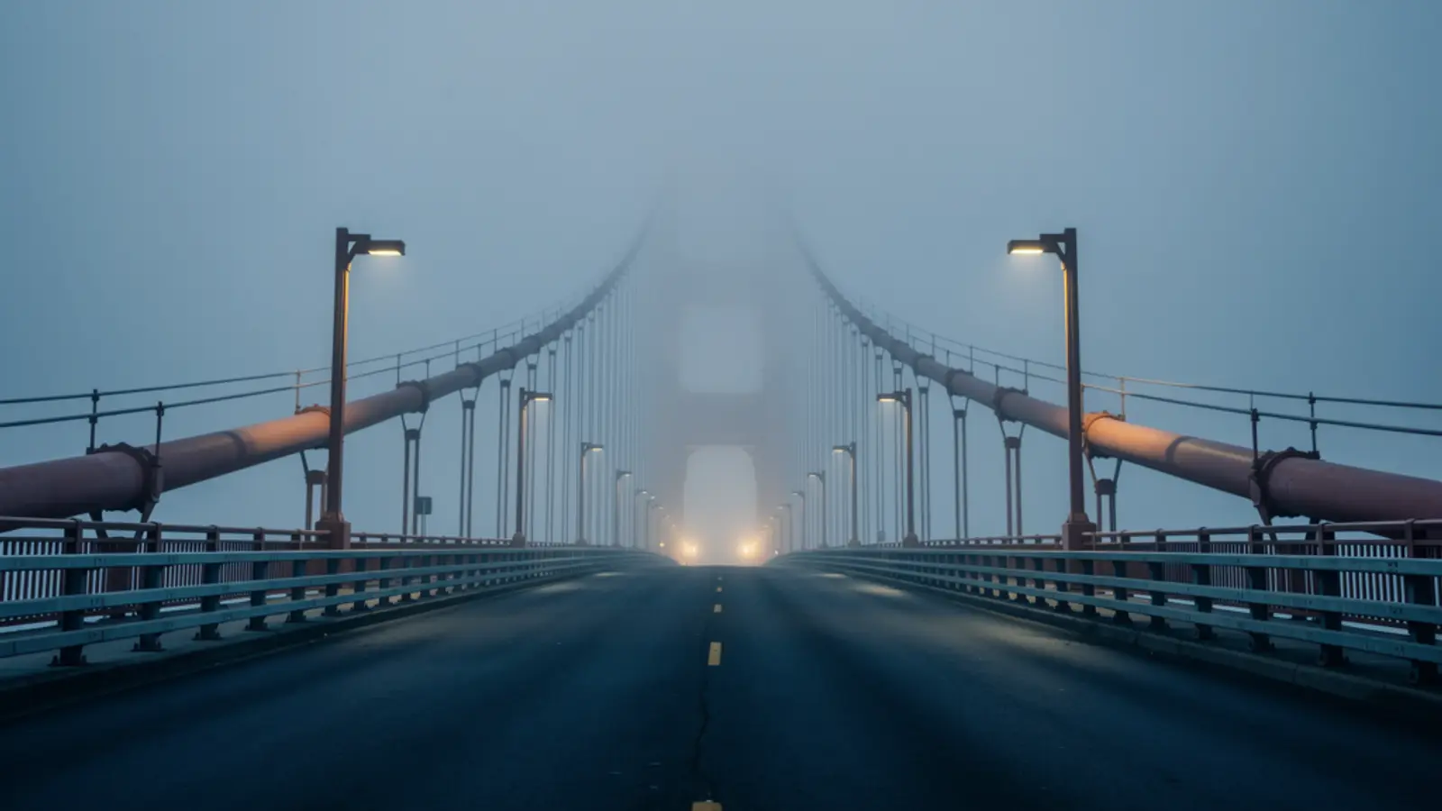 An empty suspension bridge deck at first light, the road and cables receding into fog