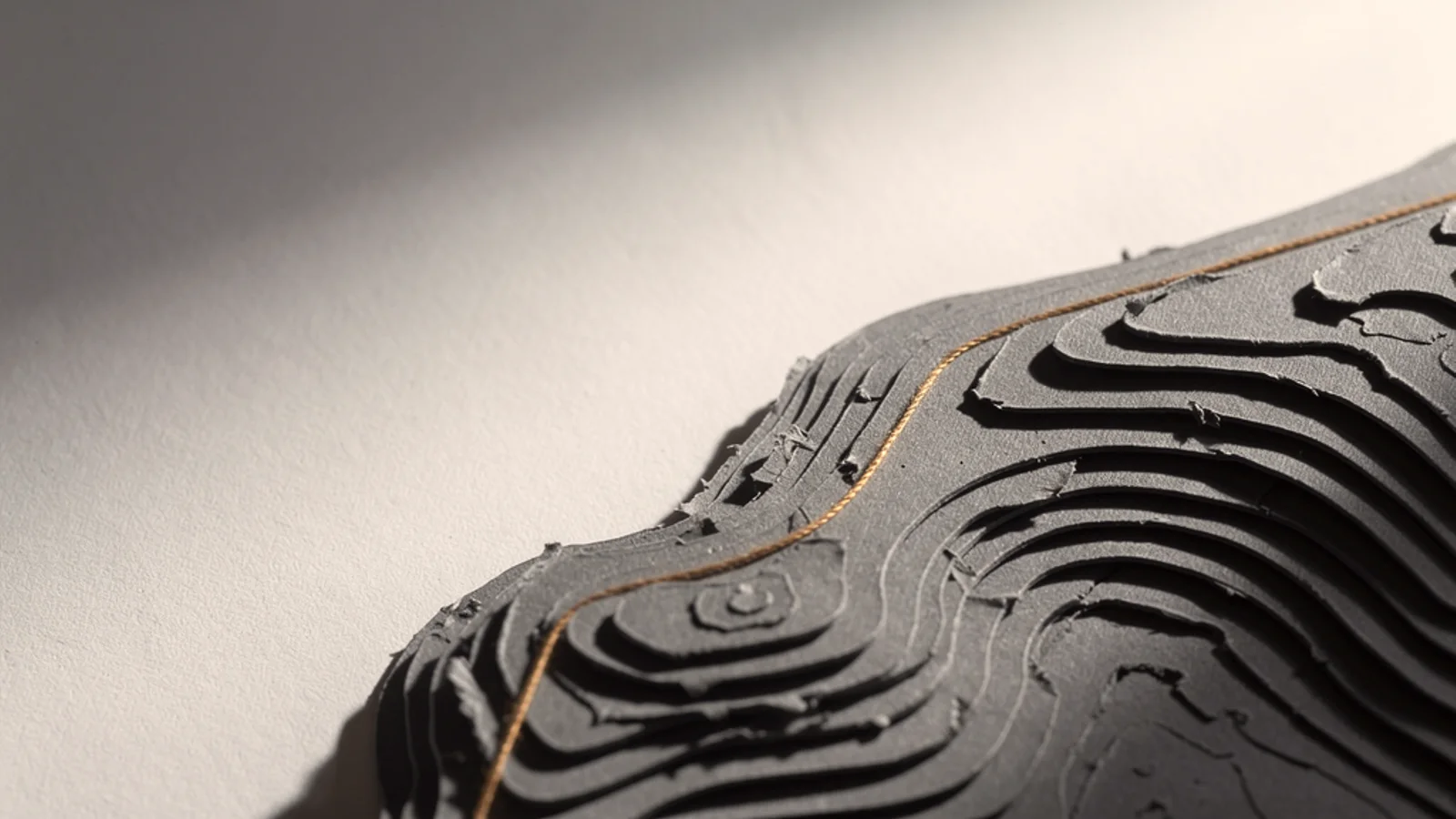 A topographic relief model with a single amber line plotted as a route across the terrain